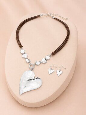 NEW Hammered Metal Heart Pendant Layered Cord Strand Necklace & Earrings SET